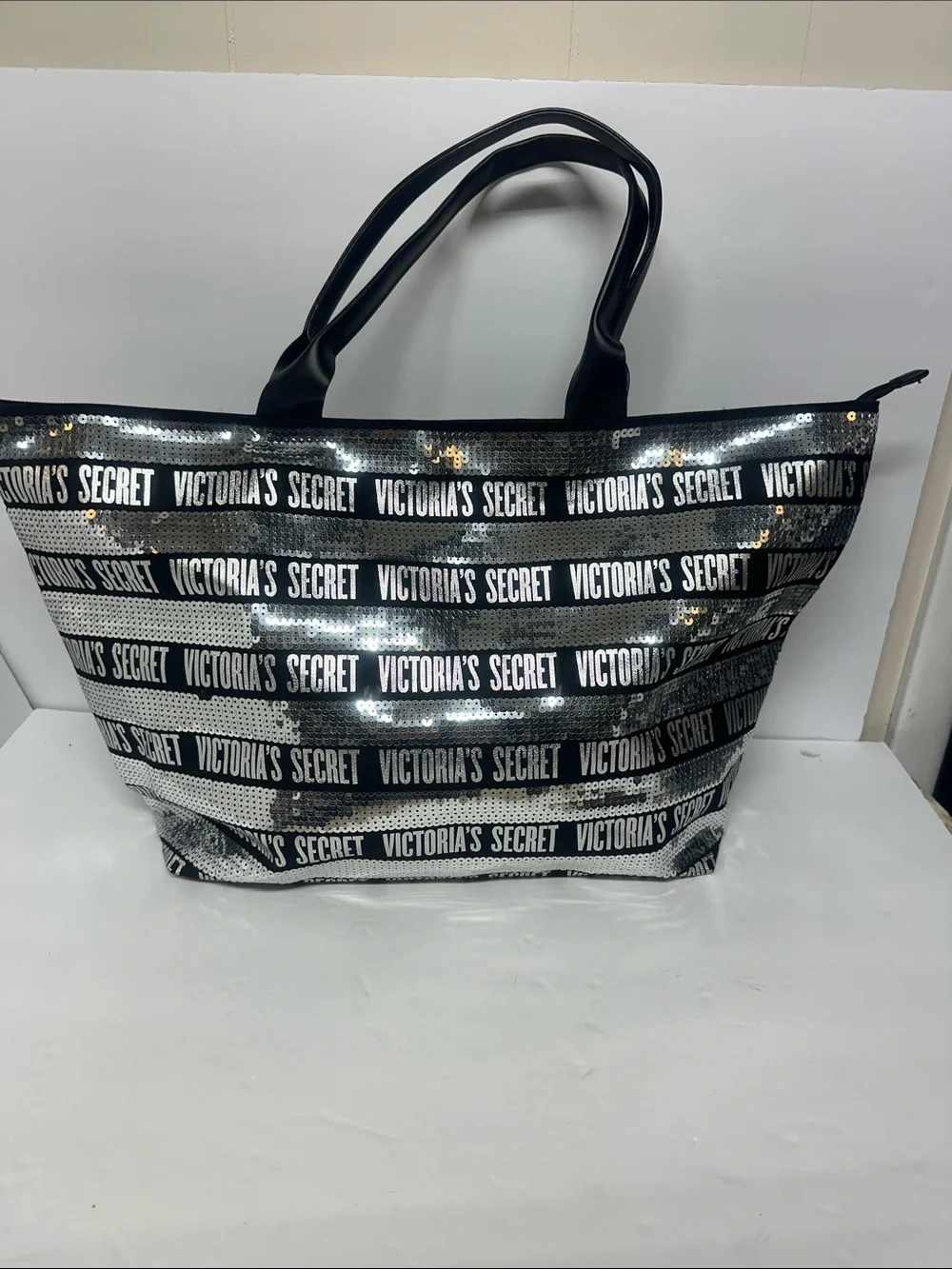Victoria's Secret Black & Silver Sequin Logo Tote Bag and pouch Set